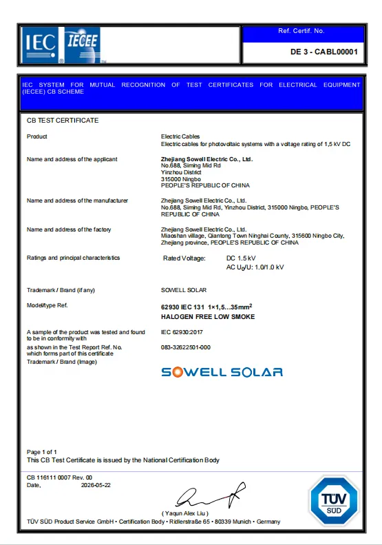 Fotovoltaické kabely SOWELLSOLAR obdržely certifikát TÜV SÜD IECEE-CB